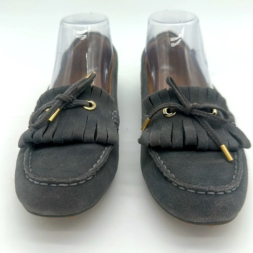 Lands End Women's Moccasin Gray Suede Fringe Slip On Loafers Size 7.0 B